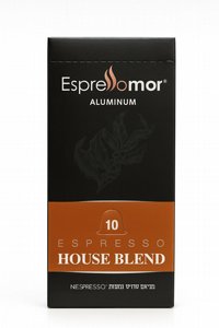 10 קפסולות אלומניום תואם נספרסו espressomor House Blend חוזק 9 10 קפסולות אלומניום תואם נספרסו espressomor House Blend חוזק 9